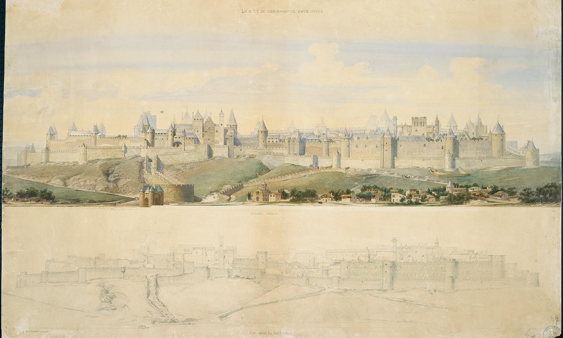 Cité de Carcassonne et ses fortifications (côté ouest) Viollet-Le-Duc Eugène-Emmanuel (1814-1879) ,  architecte